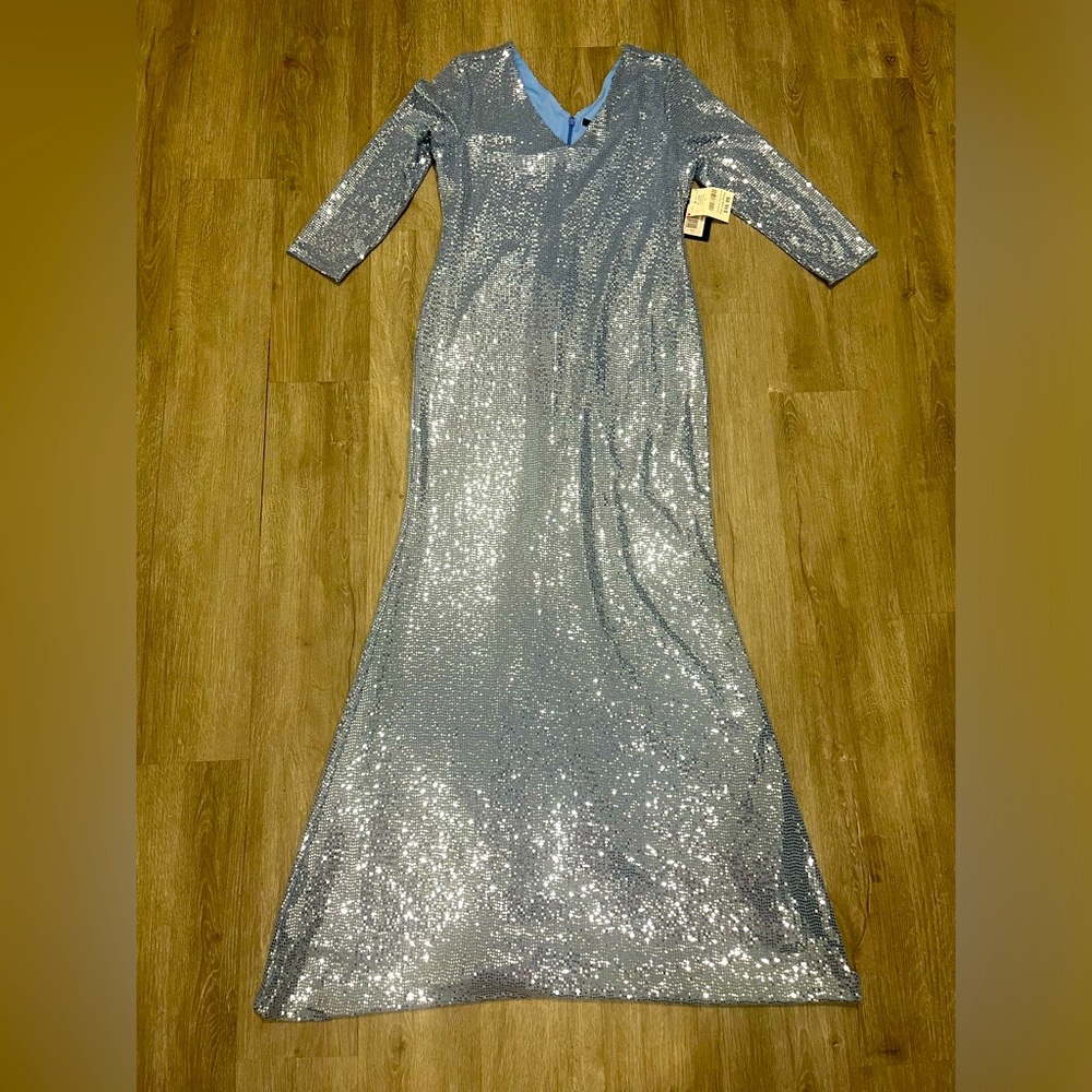 Blue floor length maxi sequin dress